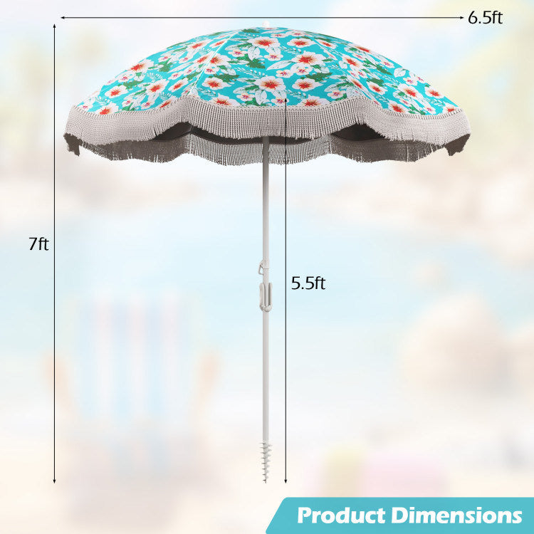 6.5 FT Beach Umbrella with Fringe Outdoor Tassel Umbrella with Push Button Tilt