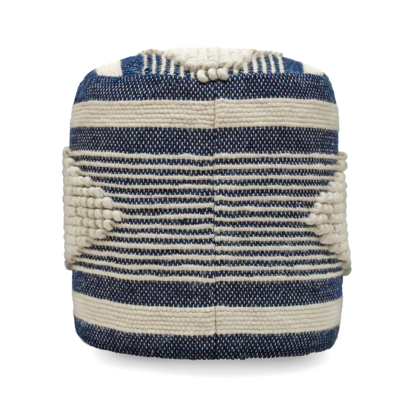 Diamond Handcrafted Fabric Cylindrical Pouf, White and Dark Blue