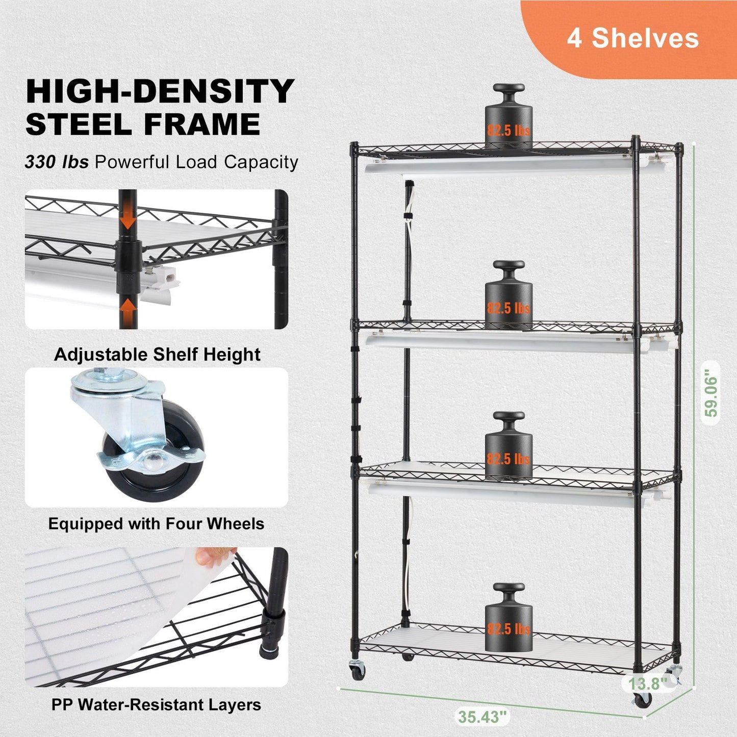 Plant Stand with Grow Lights 4 Tiers 180W 59.1" Tall Plant Grow Shelf