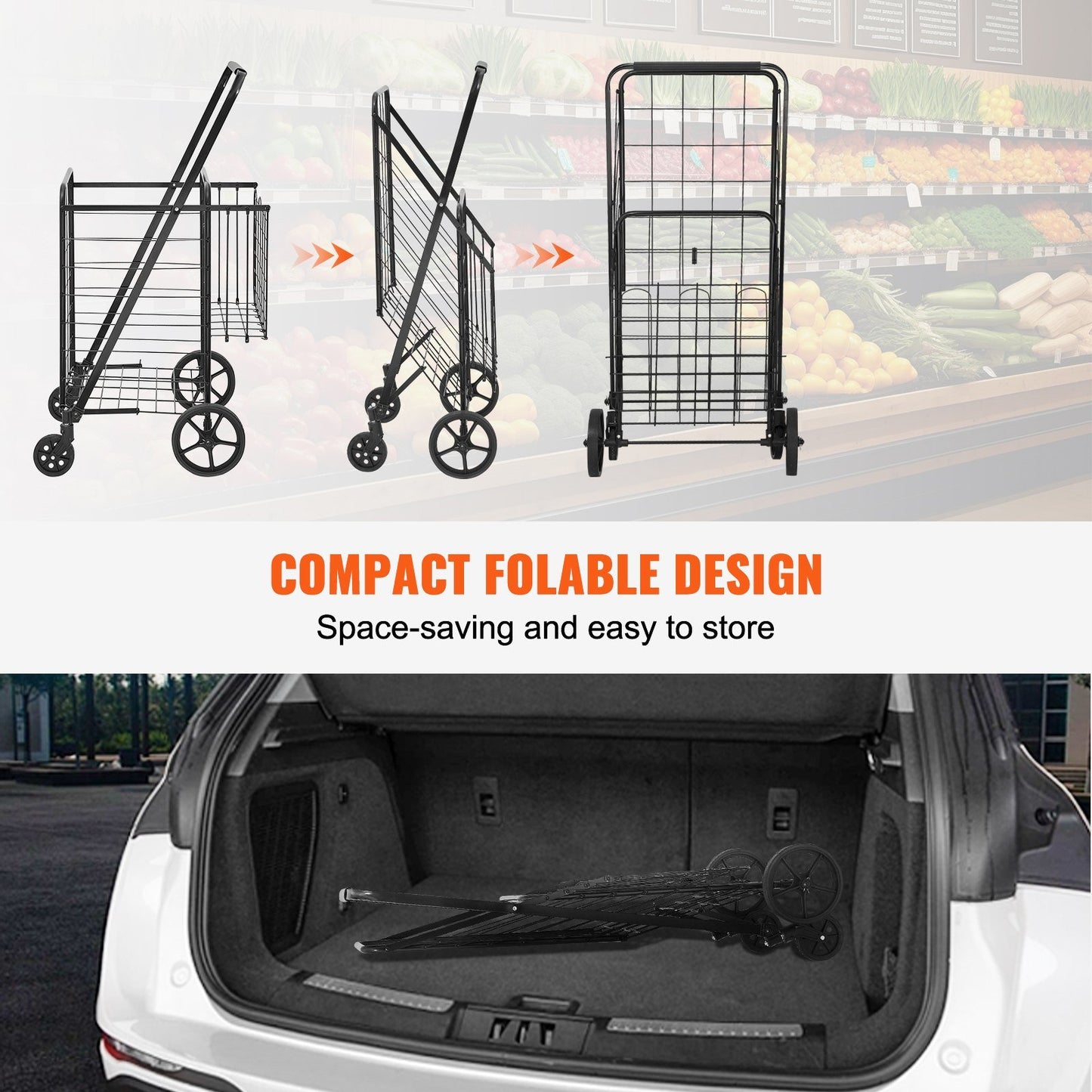 Folding Shopping Cart, Jumbo Grocery Cart with Double Baskets