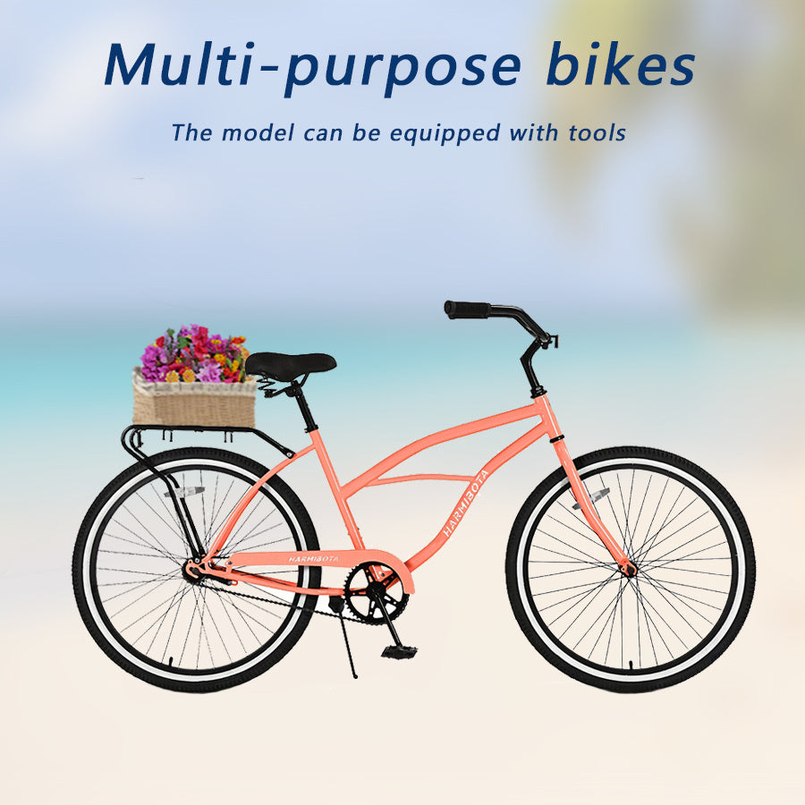 Multifunction 26 Inch Beach Cruiser Bike for Men and Women, Steel Frame, Single Speed Drivetrain, Upright Comfortable Rides, Multiple Colors