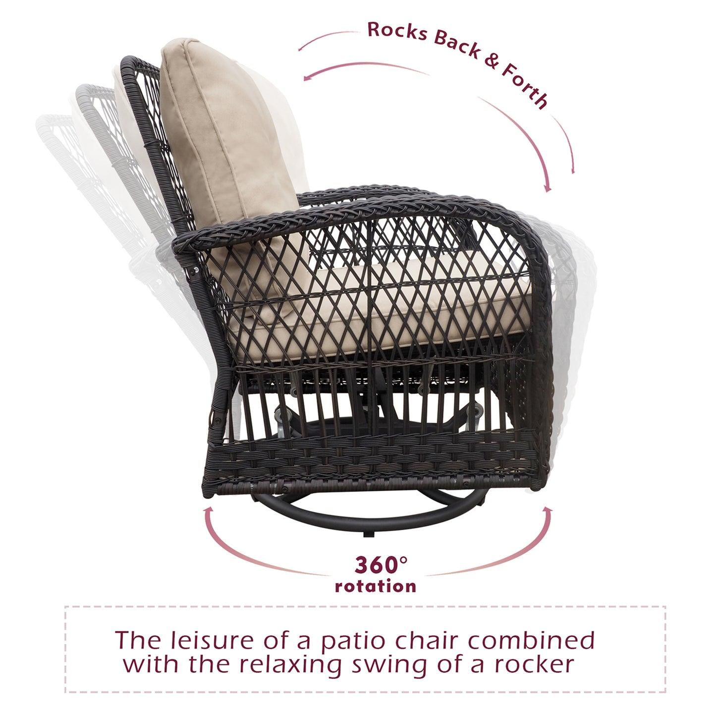 360-Degree Patio Wicker Swivel Rocker Chairs Set;  Outdoor Rattan Rocking Bistro Sets with Cushions and Table; Dark Brown