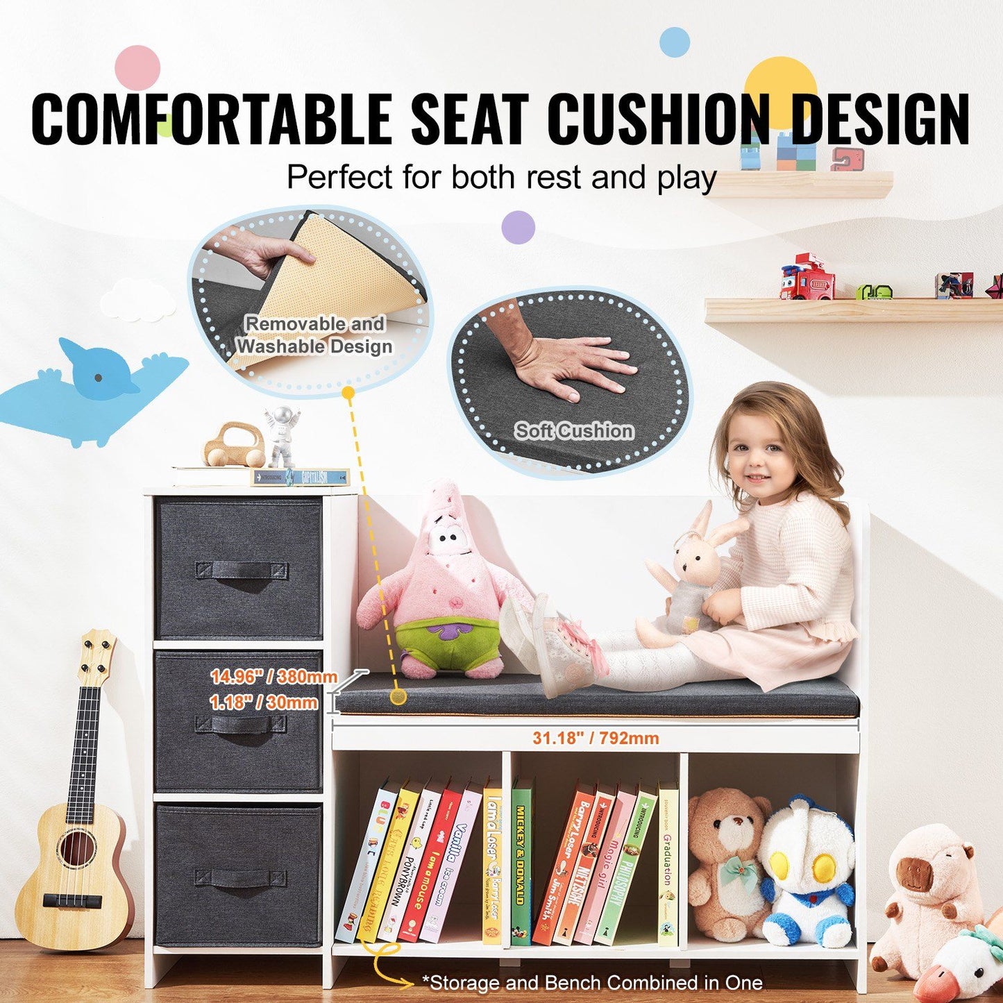 Kids Reading Nook Bench, Toddler Bookshelf and Bookcase with Detachable Seat Cushion