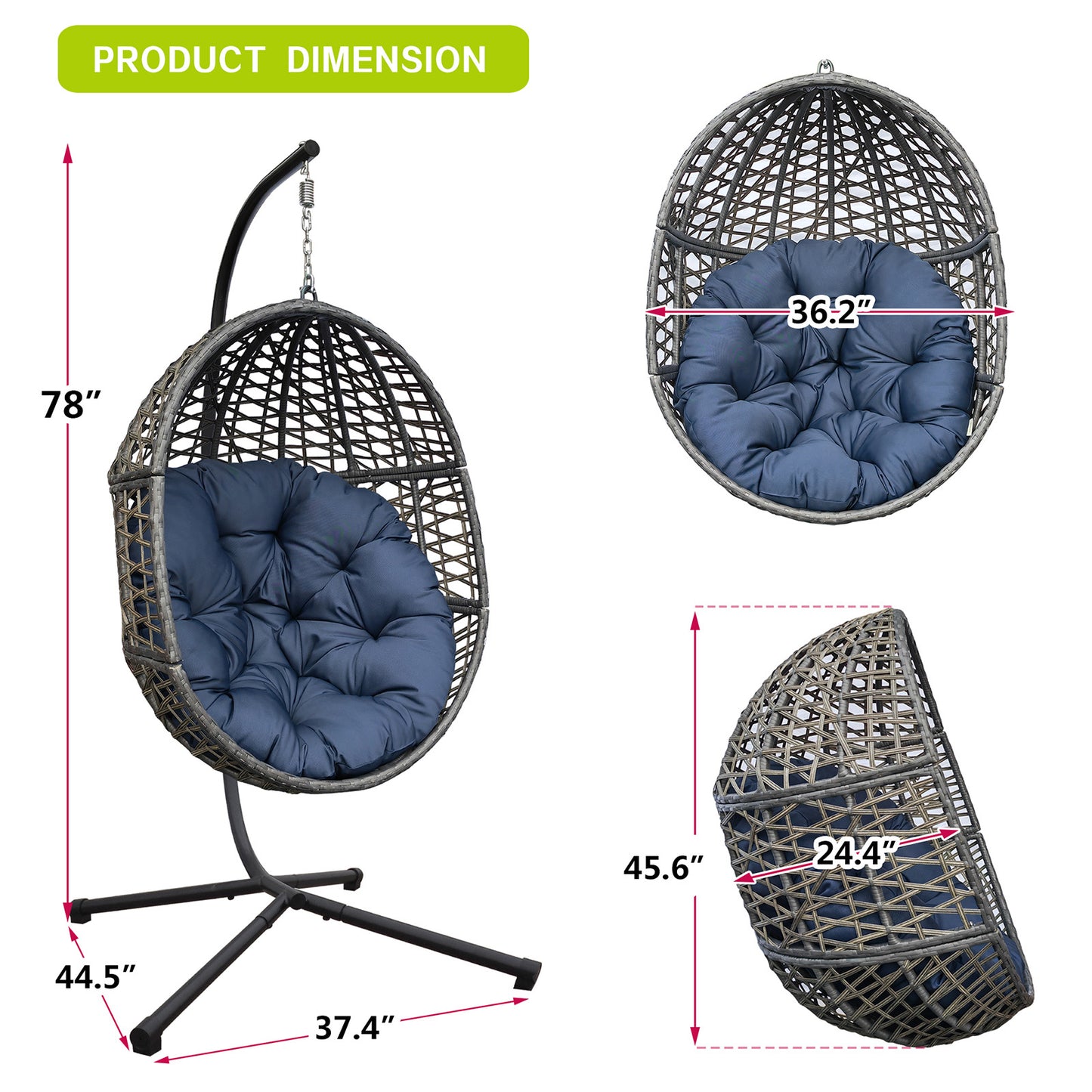 Wicker Hanging Swing Chair;  Rattan Hanging Egg Chair with Durable Stand and Waterproof Cushion for Outdoor Garden or Indoor Living Room