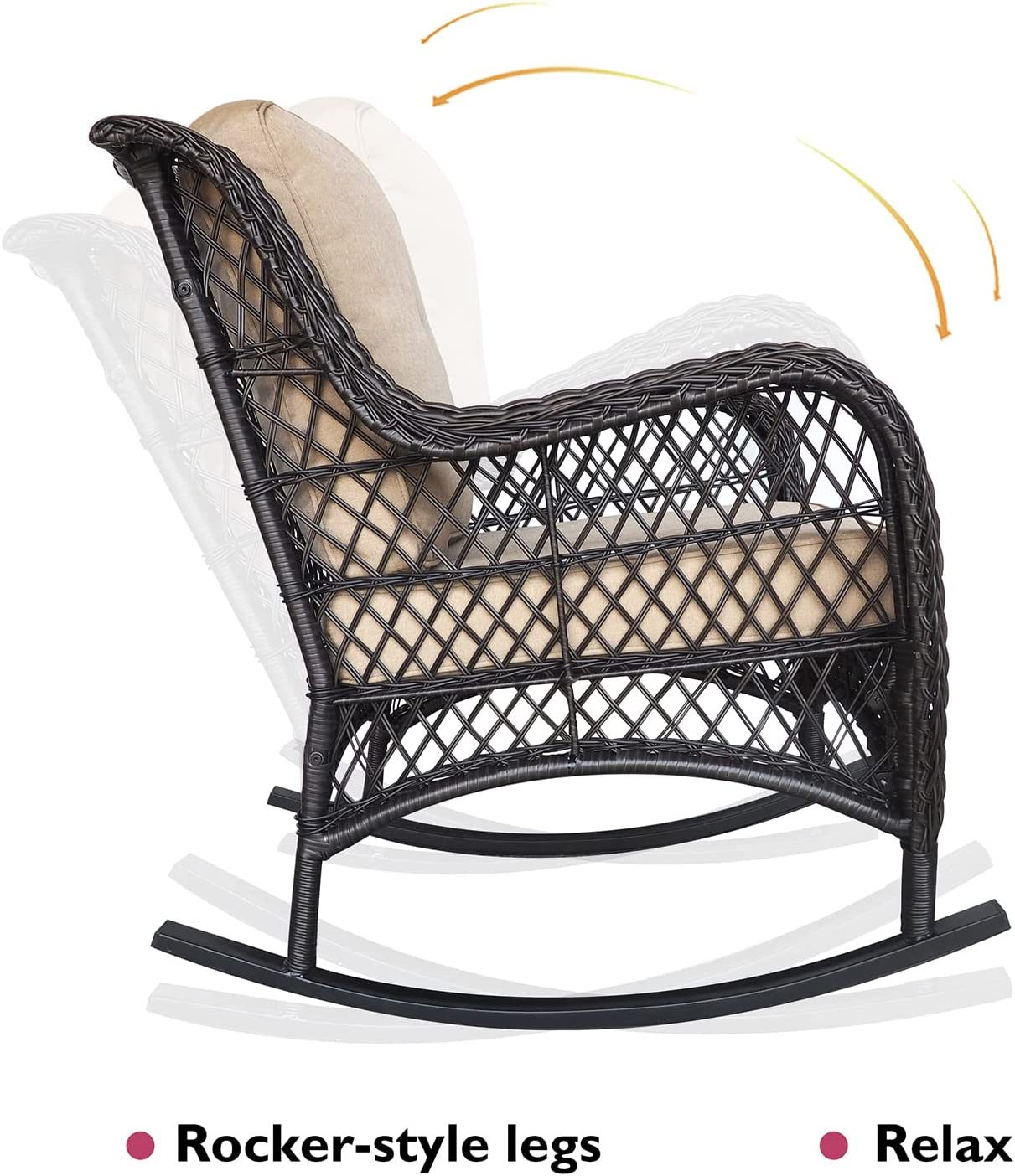 Outdoor Wicker Rocking Chair; Patio Rattan Rocker Chair with Soft Cushions and Steel Frame