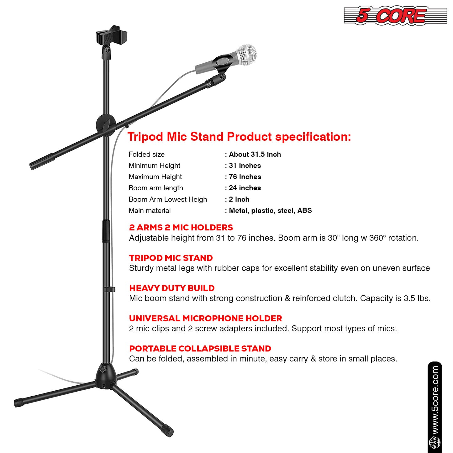 5 Core Tripod Mic Stand Heavy Duty Adjustable Floor Microphone