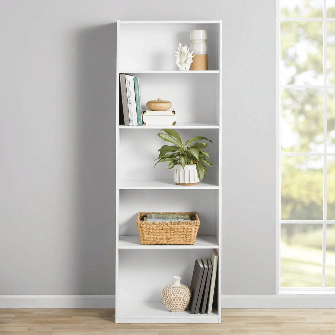 1 piece modern white wooden floor standing 5 tier bookshelf