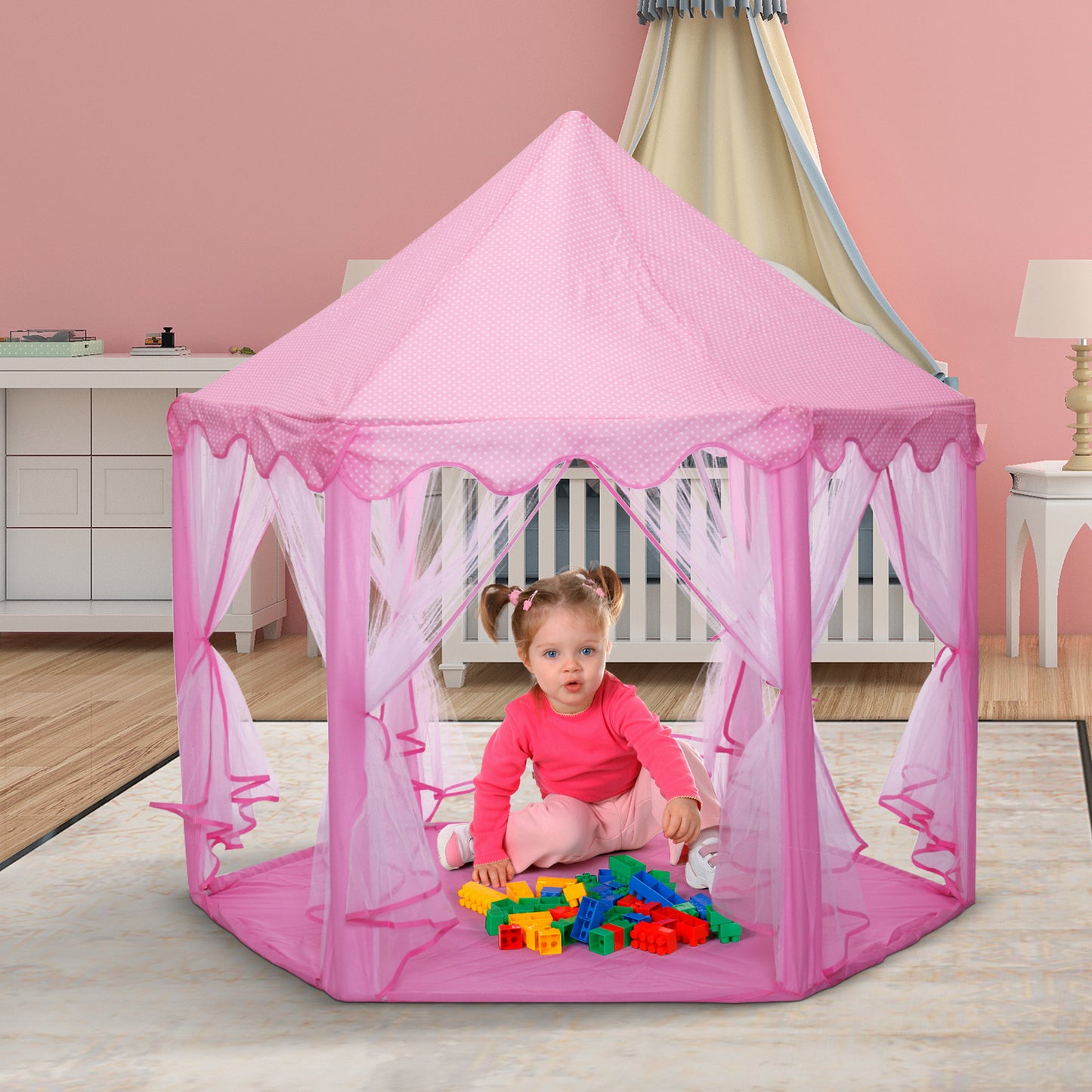 53"H Princess Castle Play Tent House with LED Star Lights for Kids, Indoor and Outdoor, Pink