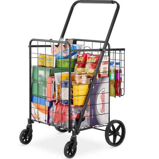 Folding Shopping Cart, Jumbo Grocery Cart with Double Baskets