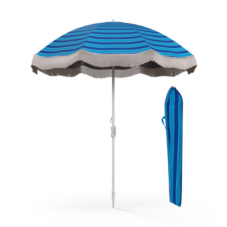 6.5 FT Beach Umbrella with Fringe Outdoor Tassel Umbrella with Push Button Tilt