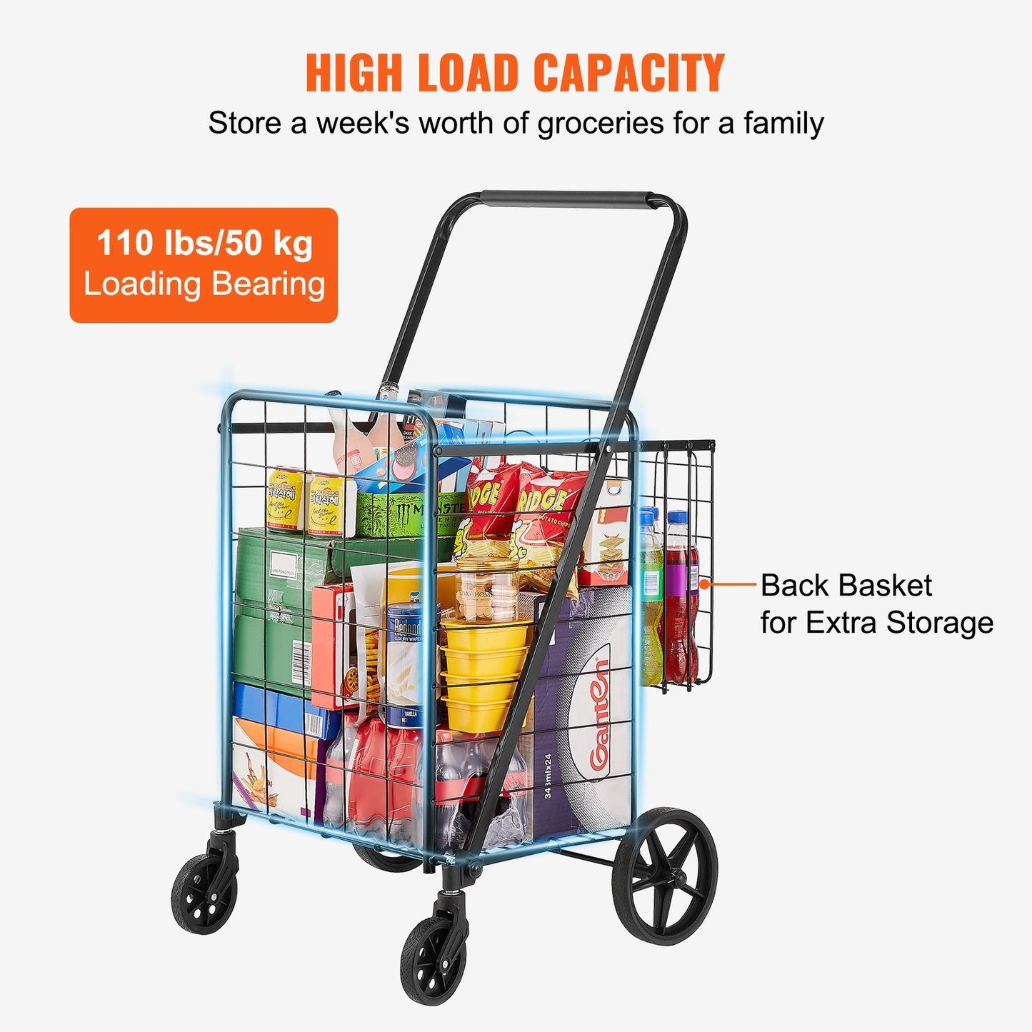 Folding Shopping Cart, Jumbo Grocery Cart with Double Baskets