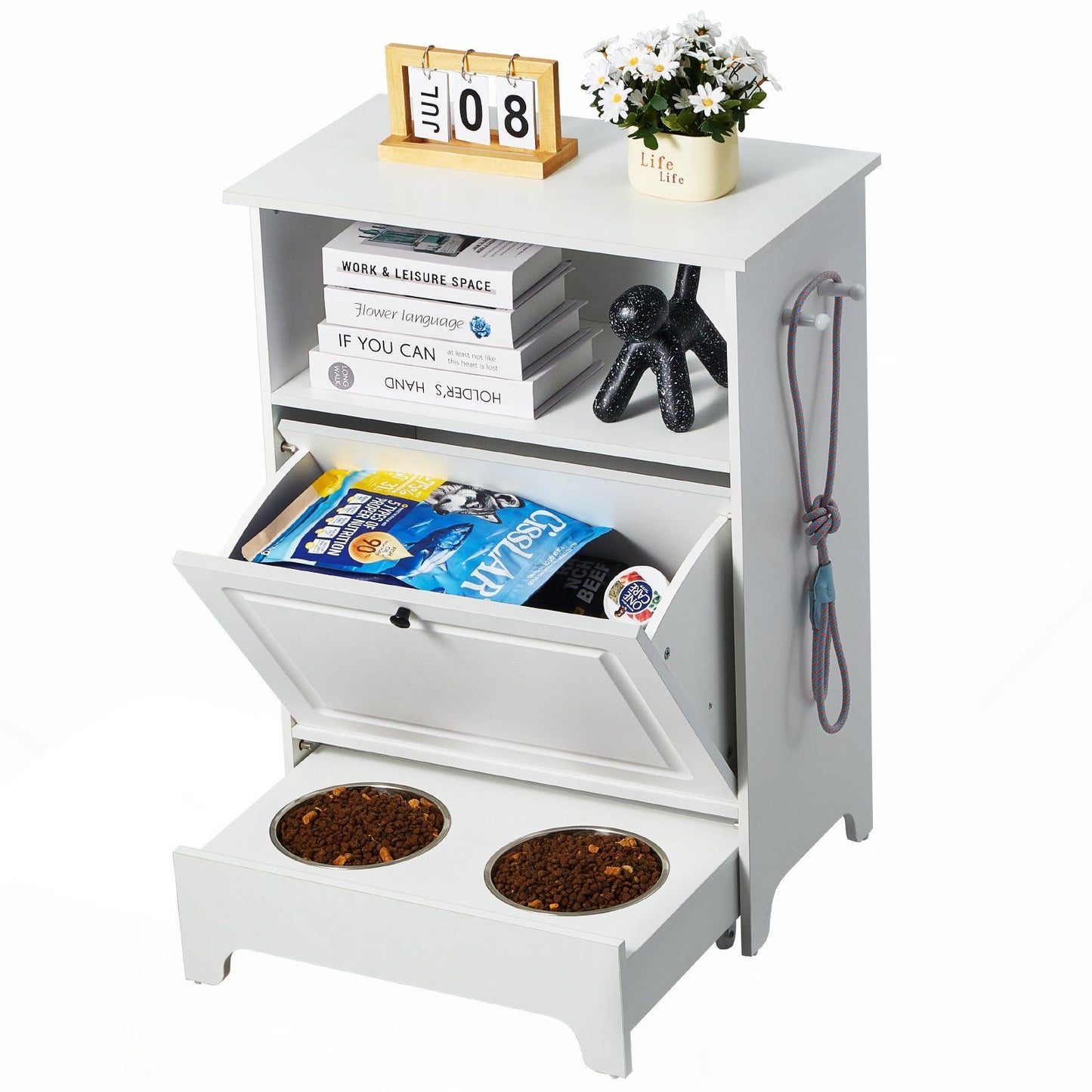 Pet Feeding Station w/ 2 Elevated Dog Bowls Dog Food & Toy Storage Cabinet