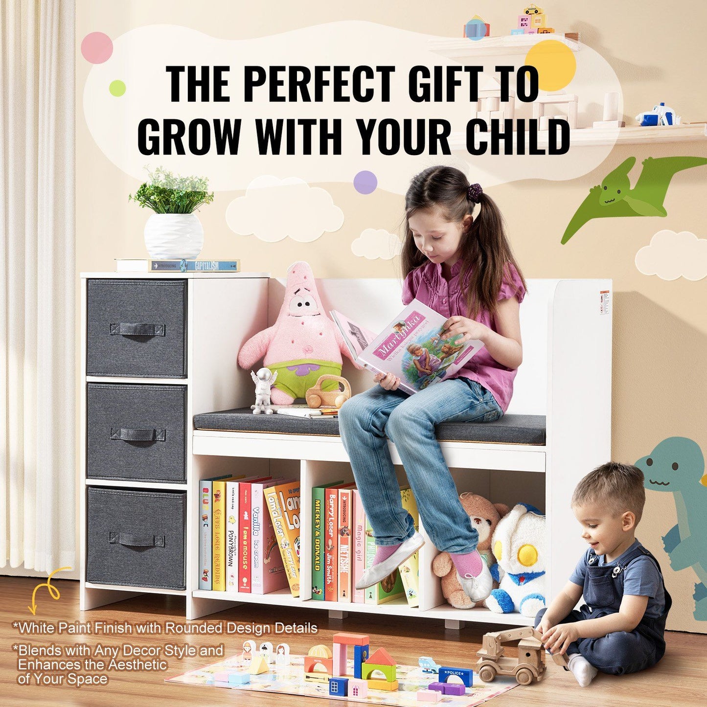 Kids Reading Nook Bench, Toddler Bookshelf and Bookcase with Detachable Seat Cushion