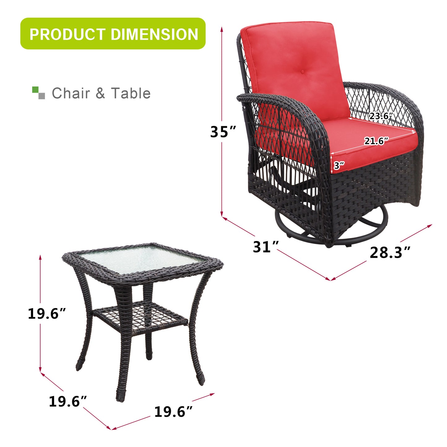 360-Degree Patio Wicker Swivel Rocker Chairs Set;  Outdoor Rattan Rocking Bistro Sets with Cushions and Table; Dark Brown