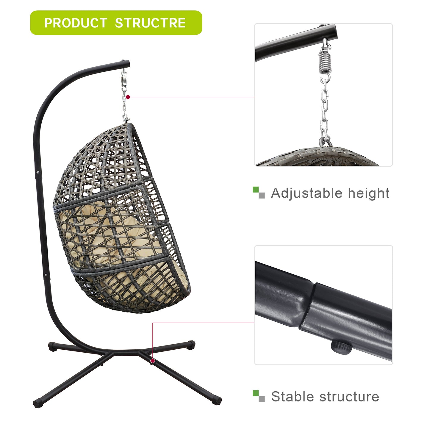 Wicker Hanging Swing Chair;  Rattan Hanging Egg Chair with Durable Stand and Waterproof Cushion for Outdoor Garden or Indoor Living Room