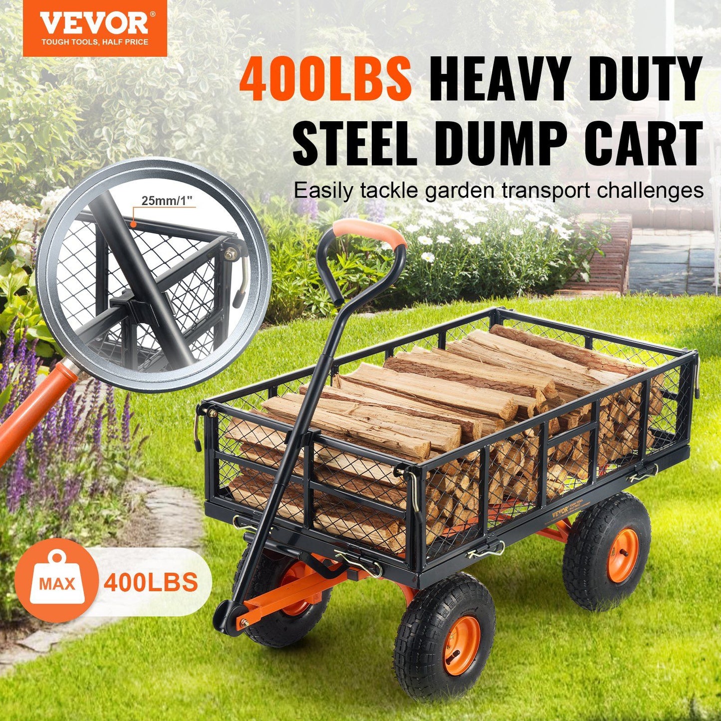 Dump Cart, Metal Garden Dump Cart with Easy to Assemble Frame