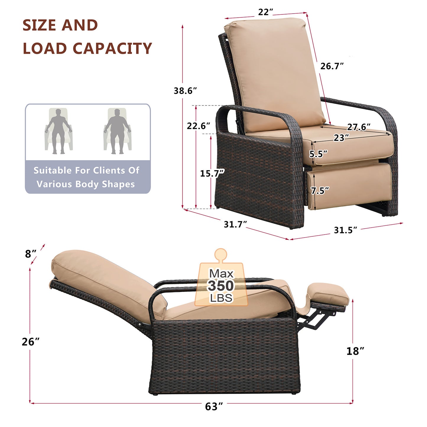 Outdoor Recliner Chair;  Automatic Adjustable Wicker Lounge Recliner Chair with 5.12'' Thicken Cushion