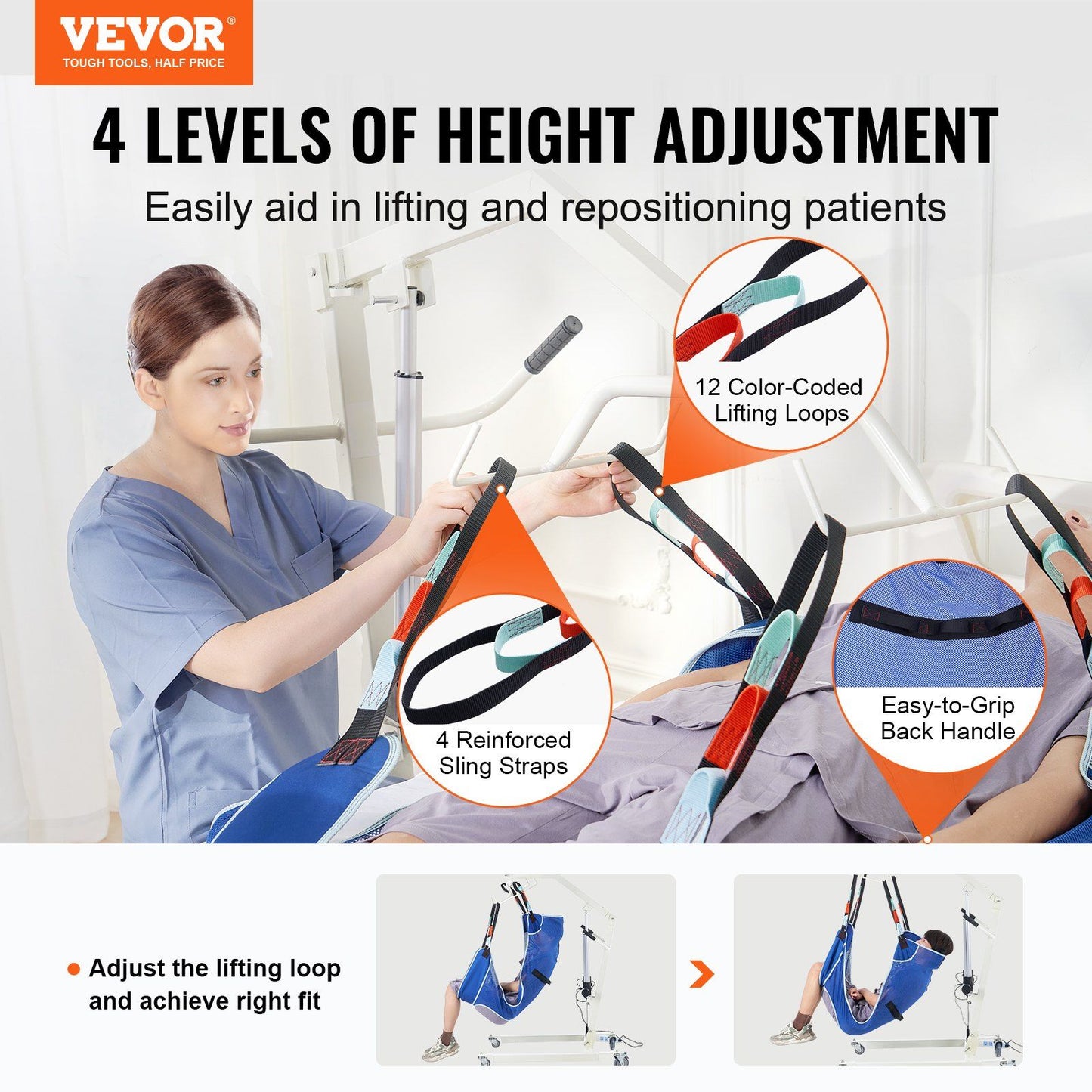 Full Body Patient Lift Sling with Commode Opening Medical Aid Sling L-Size, 147 x 105cm, 600LBS