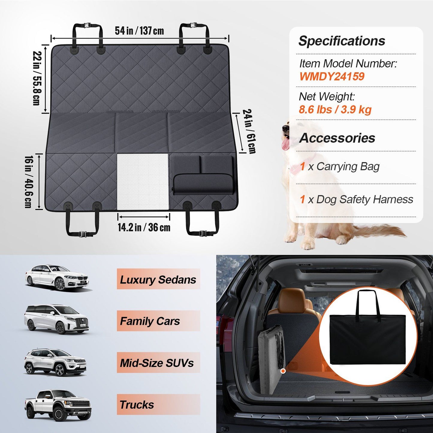 Dog Car Seat Cover for Back Seat 54 x 24 in Waterproof 600D for Cars