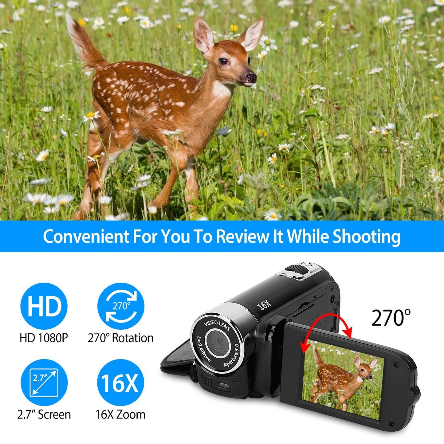 HD 1080P Digital Video Camcorder 2.7in 16X Zoom DV Camera 270° Rotation Rechargeable Kid Camera w/Fill Light Selfie