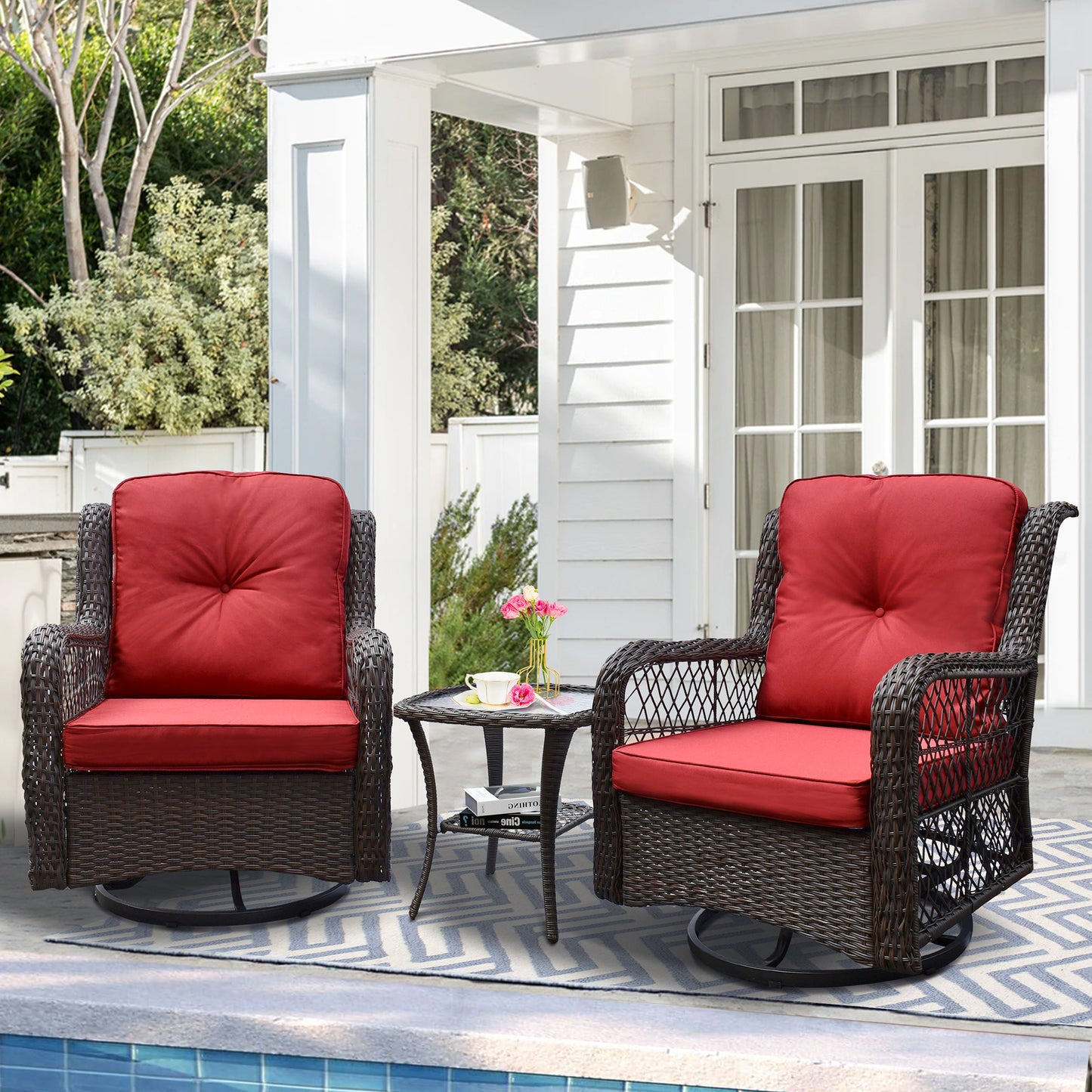 Outdoor Bistro Set 3 Pieces;  Outdoor Resin Wicker Swivel Rocker Patio Chair