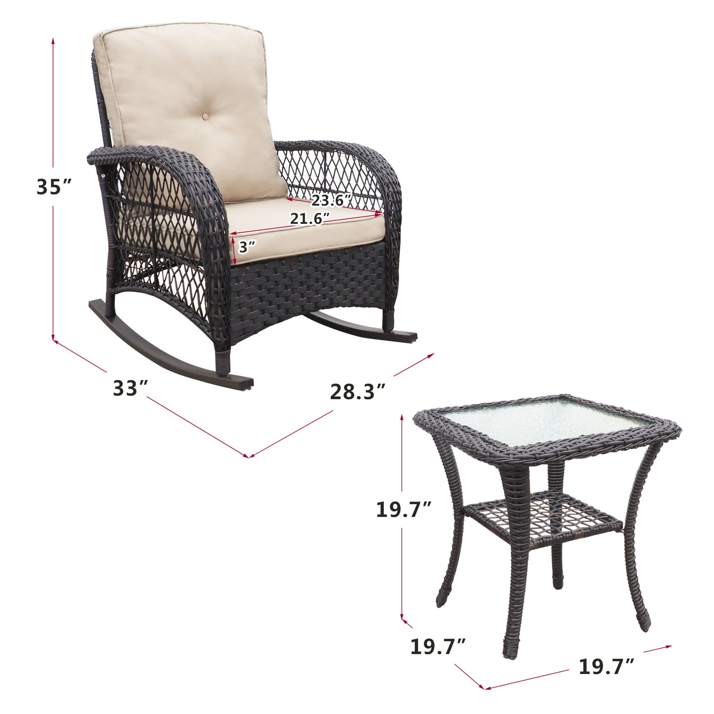 Outdoor Wicker Rocking Chair; Patio Rattan Rocker Chair with Soft Cushions and Steel Frame