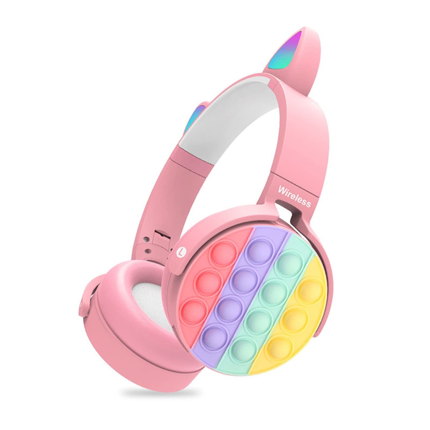 Fidget Headphones Kids Toy Headset, Wireless Bluetooth Headphone Pop Bubble On-Ear Headphone Fidget Toy Rainbow Color Fidget Headset for Children Adults (Pink-Cat)