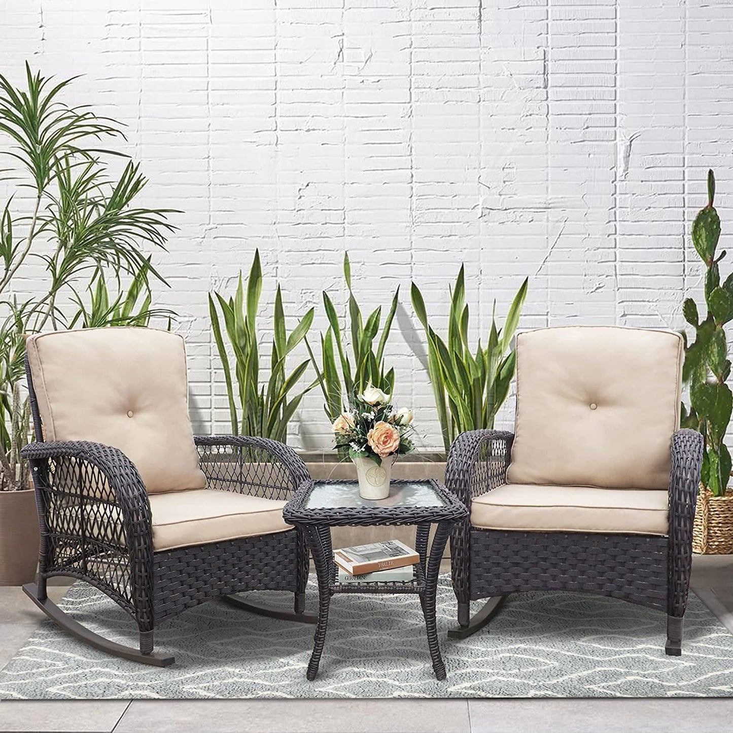 3 Pieces Outdoor Wicker Rocker Patio Bistro Set