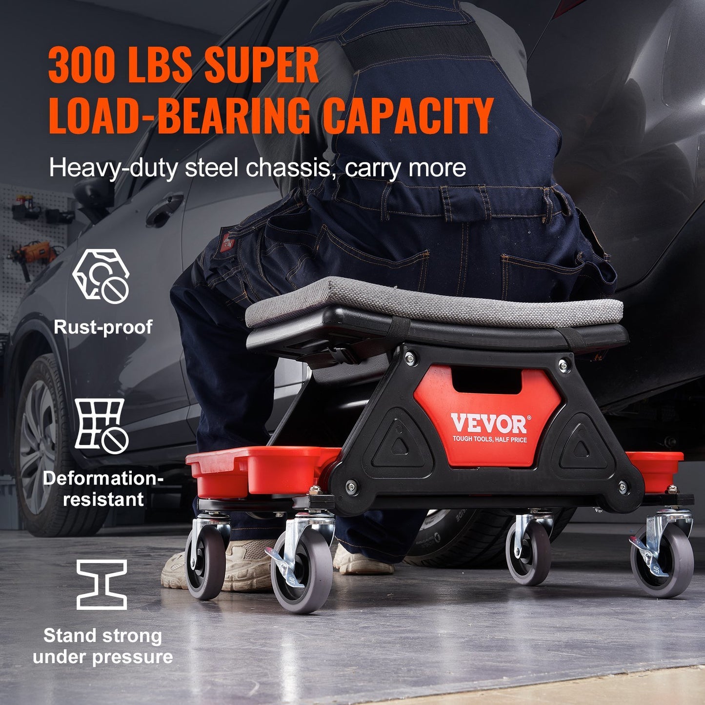 300 LBS Capacity Rolling Mechanic Seat with 4" Wheels