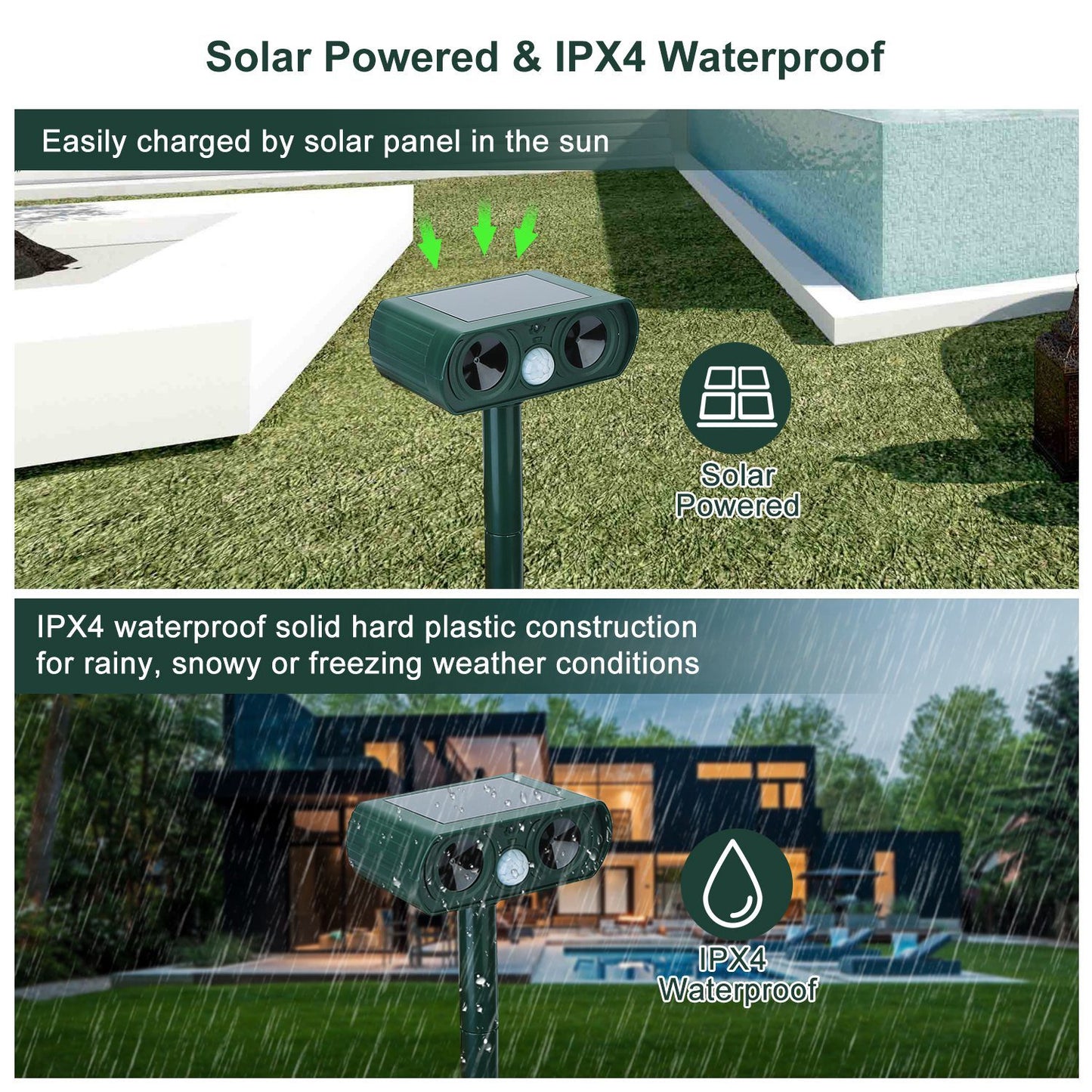 Ultrasonic Animal Repeller Solar Powered Motion Sensor Repellent IPX4 Waterproof Outdoor For Farm Garden Yard Repelling Deer Raccoon Cat Dog Rabbit Squirrel Bird