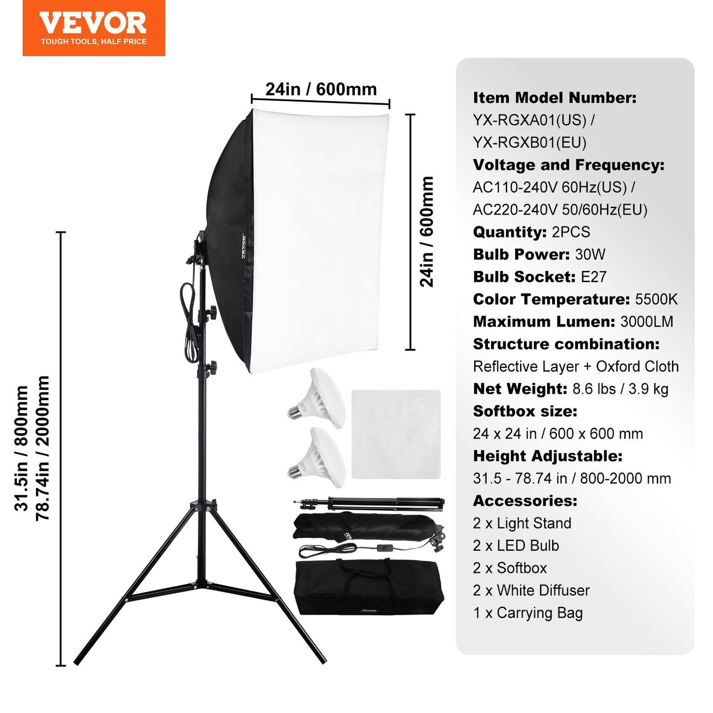 Softbox Lighting Kit 24 in x 24 in 30W 5500K LED Bulbs Adjustable Stand