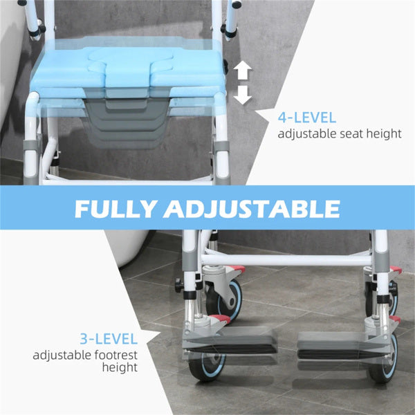 Bathroom Wheelchair, Commode Wheelchair, Rolling Shower Wheelchair with 4 Castor Wheels