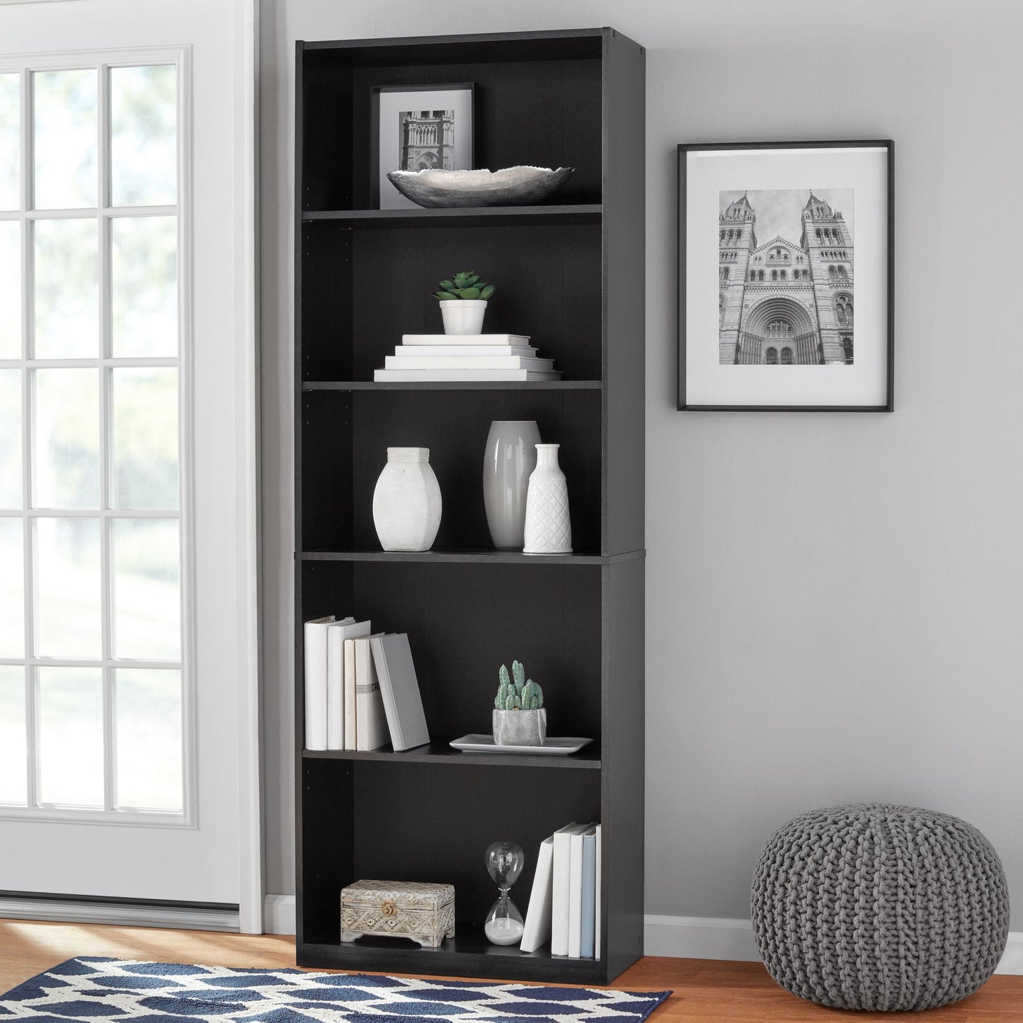 1 piece modern white wooden floor standing 5 tier bookshelf