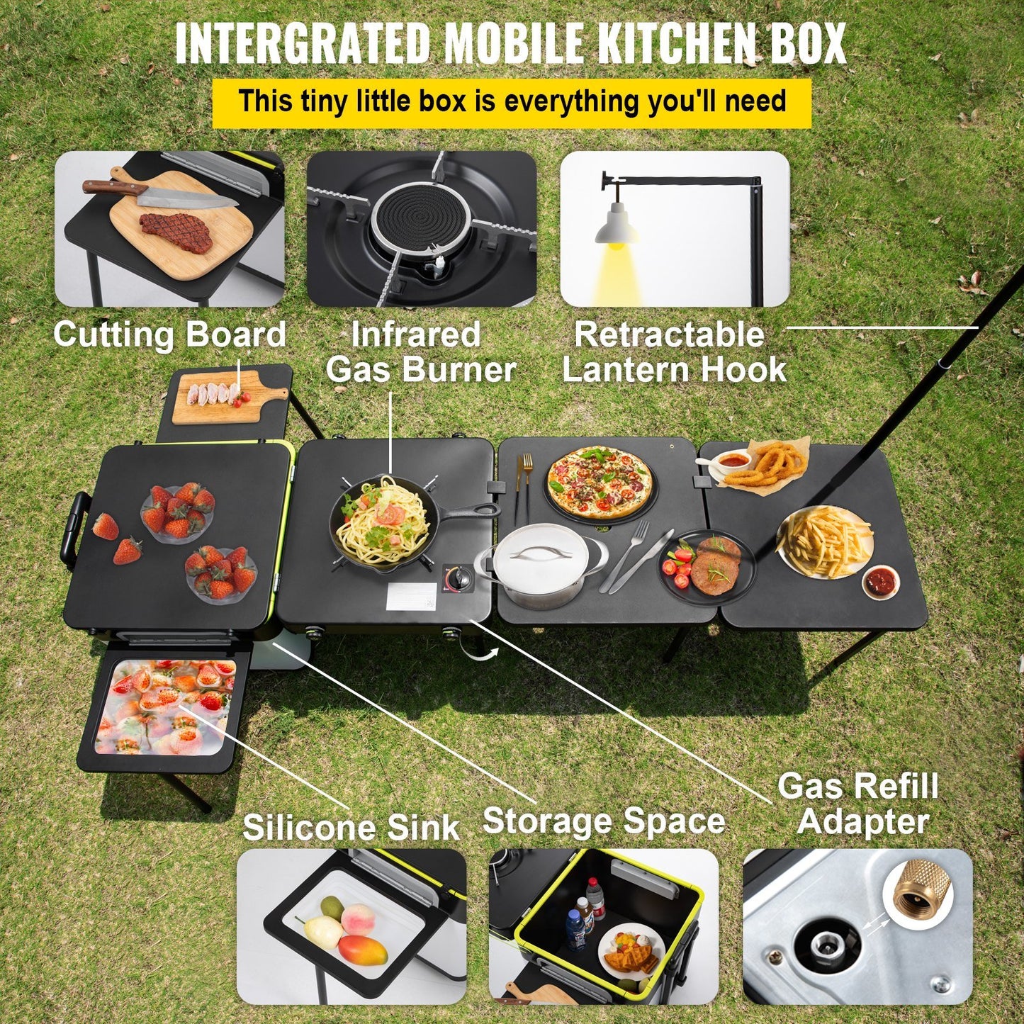 VEVOR Outdoor Mobile Kitchen, Portable Multifunctional Camp Box with Wheels All in One Integrated Cooking Station with Windproof Stove, Folding Tables Storage Organizer, Black