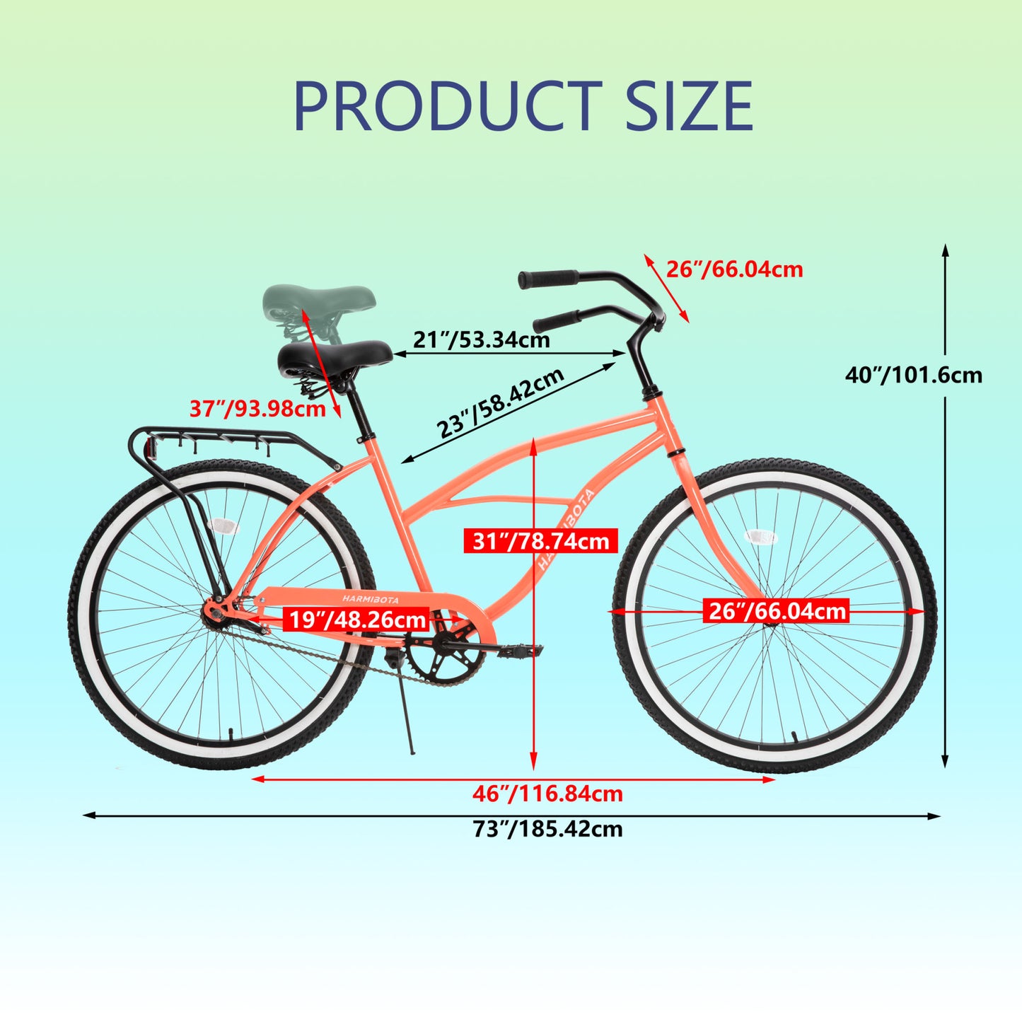 Multifunction 26 Inch Beach Cruiser Bike for Men and Women, Steel Frame, Single Speed Drivetrain, Upright Comfortable Rides, Multiple Colors