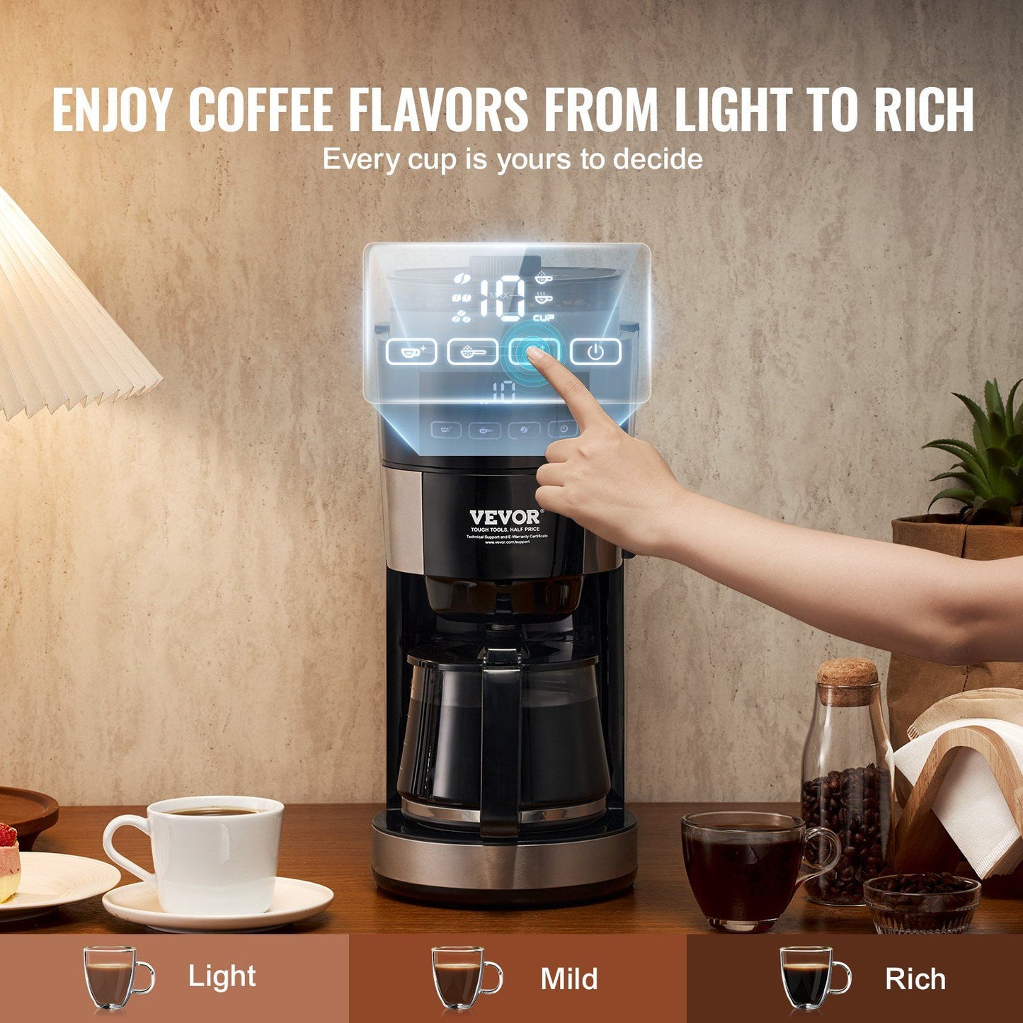 10-Cup Coffee Maker Drip Coffee Machine with 3 Brew Strength Control