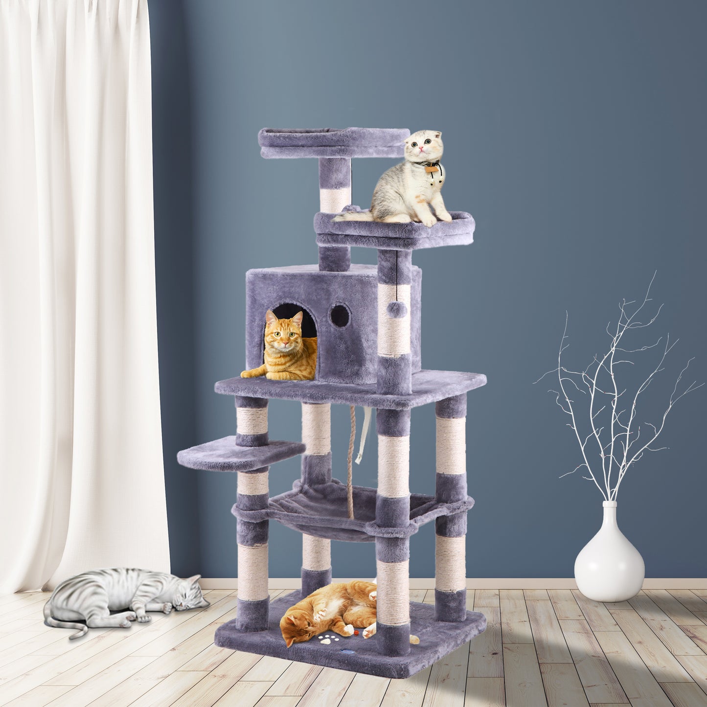 Multi-Level Cat Condo with Hammock & Scratching Posts for Kittens Tall Cat Climbing Stand with Plush Toys - light gray XH