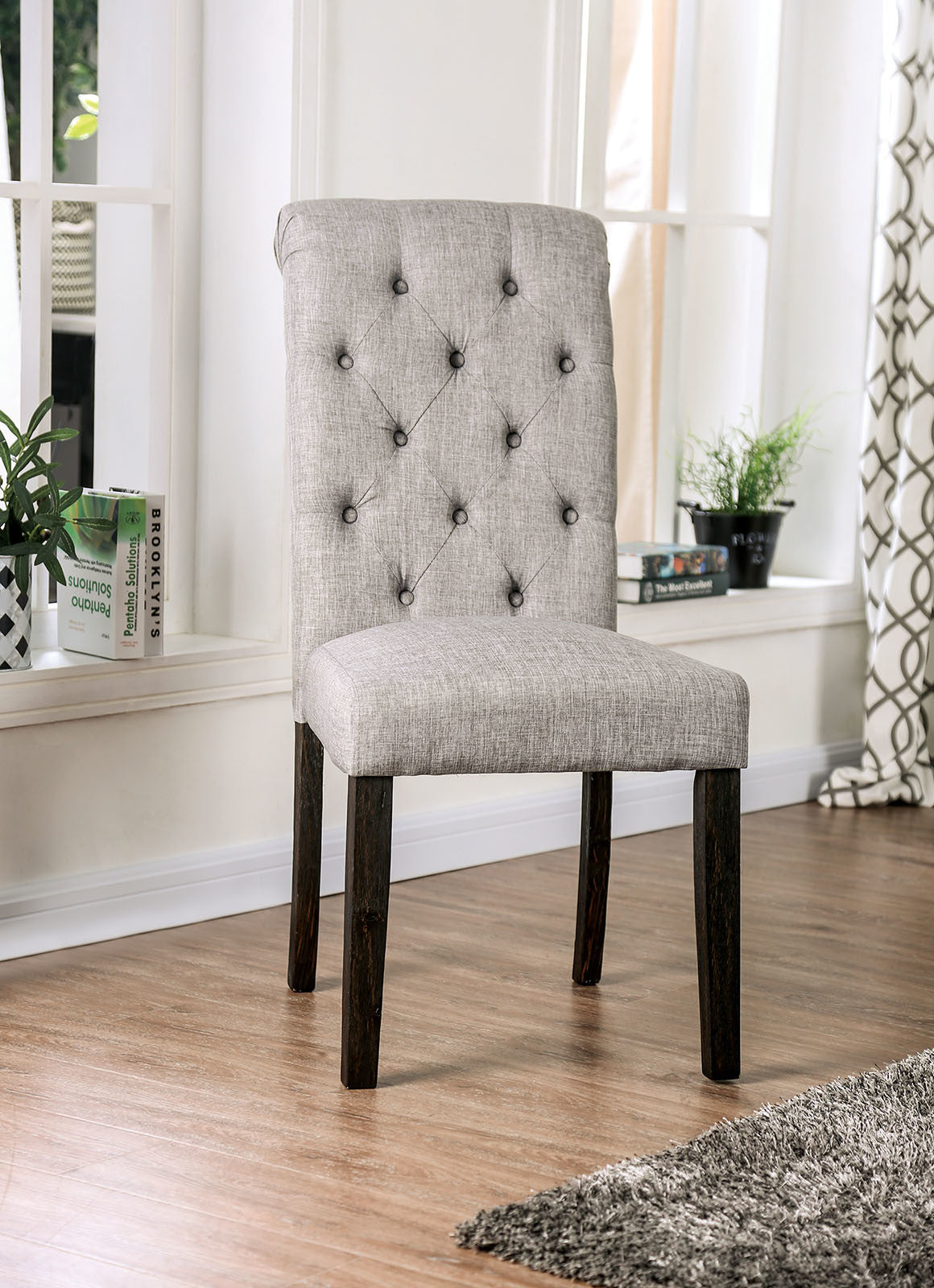 Classic Antique Black / Light Gray Set of 2 Side Chairs Button Tufted Linen Like Fabric Solid wood Chair Upholstered Scroll Back Kitchen Rustic Dining Room Furniture