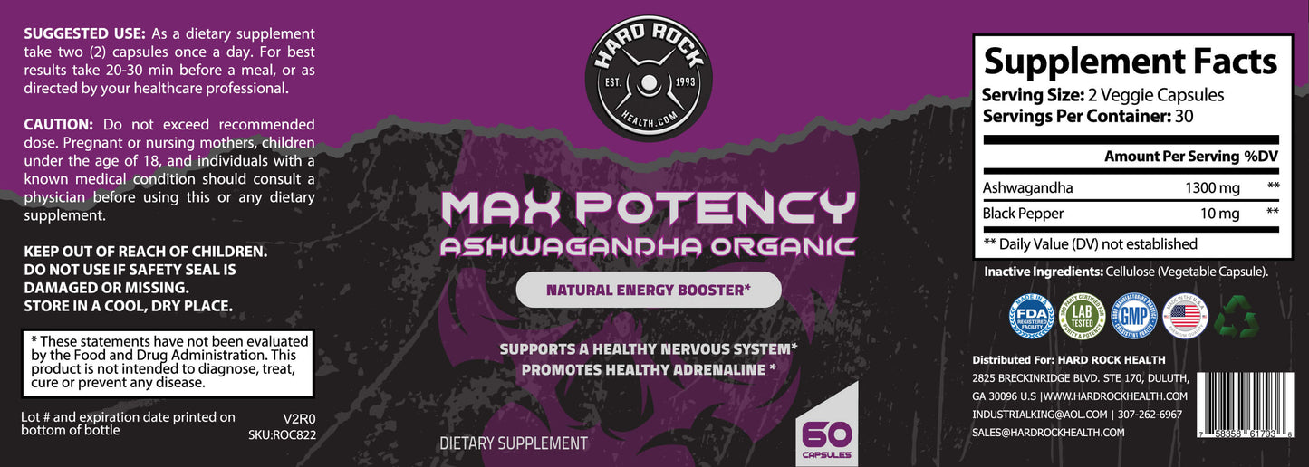 Max Potency Organic Ashwagandha- Natural Energy Booster