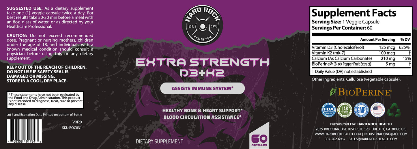 Vitamin D3+K2 for Extra Strength- 60 Capsules