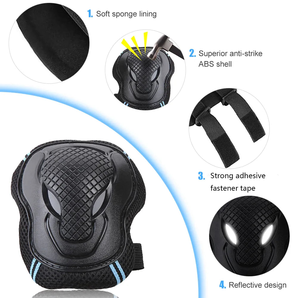 6PCS Safety Protector Kit Knee Elbow Wrist Pads Guards Protective Equipment for Skateboard Cycling Skating Scooter Knee Pads Set