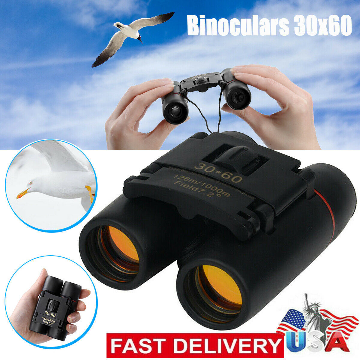 Binoculars 30x60 Zoom Travel Compact Folding Telescope Hunting Day Night Outdoor