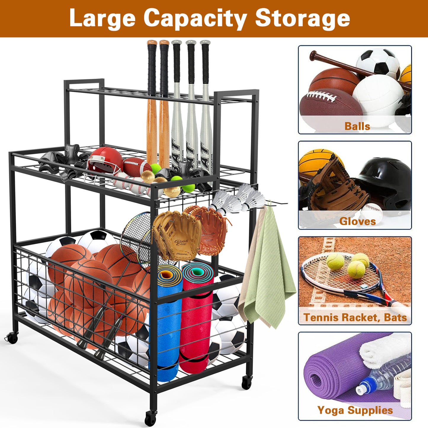 Sports equipment storage box, garage ball storage, baseball bat holder can accommodate 24 bats, black