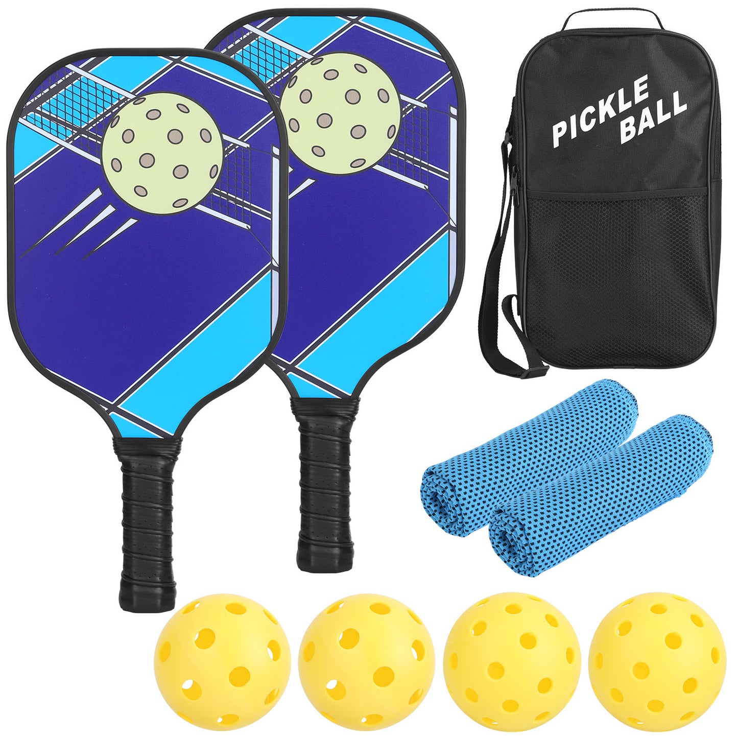 Pickleball Set 2 Fiberglass Paddles 4 Outdoor Indoor Balls Portable Carry Bag 2 Cooling Towel Lightweight Ergonomic Grip