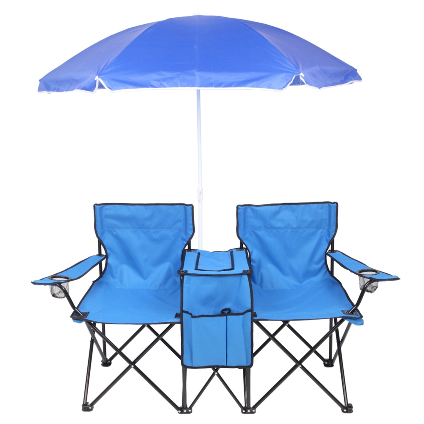 Double Folding Picnic Chairs w/Umbrella Mini Table Beverage Holder & Carrying Bag