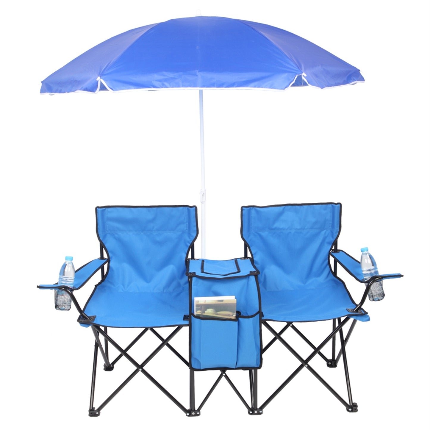 Double Folding Picnic Chairs w/Umbrella Mini Table Beverage Holder & Carrying Bag
