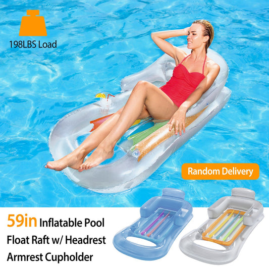 59in Inflatable Pool Float Raft w/ Headrest Armrest Cupholder Swimming Pool Lounge Air Mat Chair- Hard Rock Health