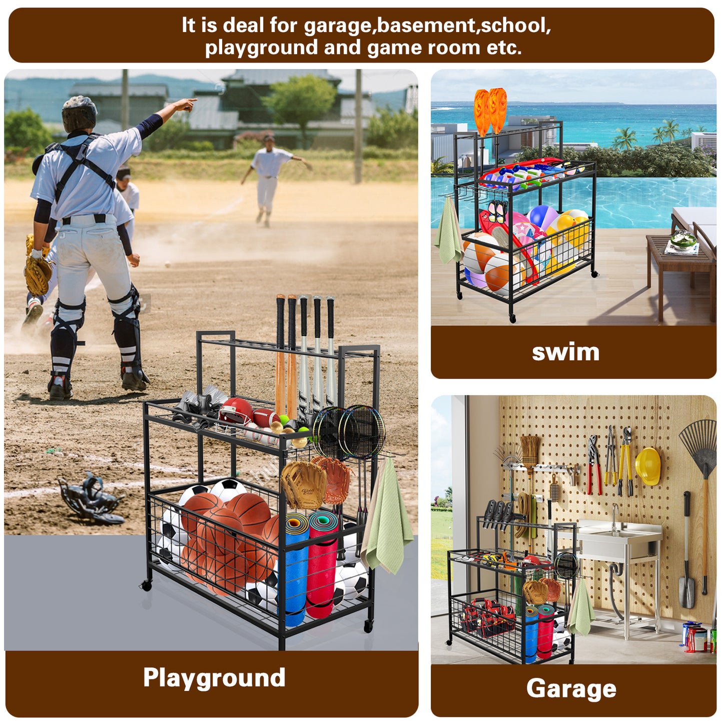 Sports equipment storage box, garage ball storage, baseball bat holder can accommodate 24 bats, black